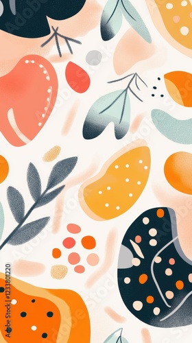 Vibrant abstract botanical pattern with colorful leaves and shapes
