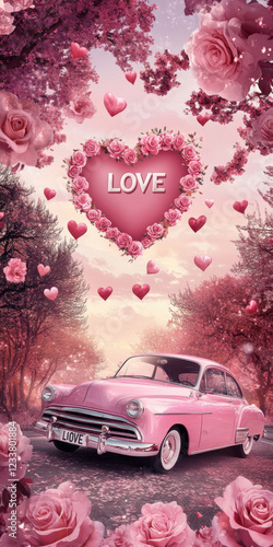 Valentine’s Day greeting card with luxury vintage car, pink tone and text.
