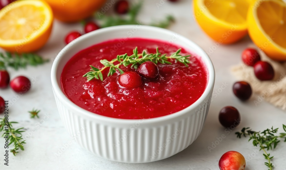 Cranberry sauce with fresh cranberries and thyme garnished, surrounded by oranges and herbs, perfect for holiday meals Cranberry sauce with fresh cranberries and thyme garnished, surrounded by oranges and herbs, perfect for holiday meals