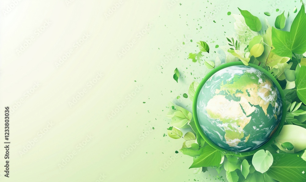 Green Earth surrounded by lush foliage and leaves, symbolizing environmental awareness and sustainability Green Earth surrounded by lush foliage and leaves, symbolizing environmental awareness and sustainability