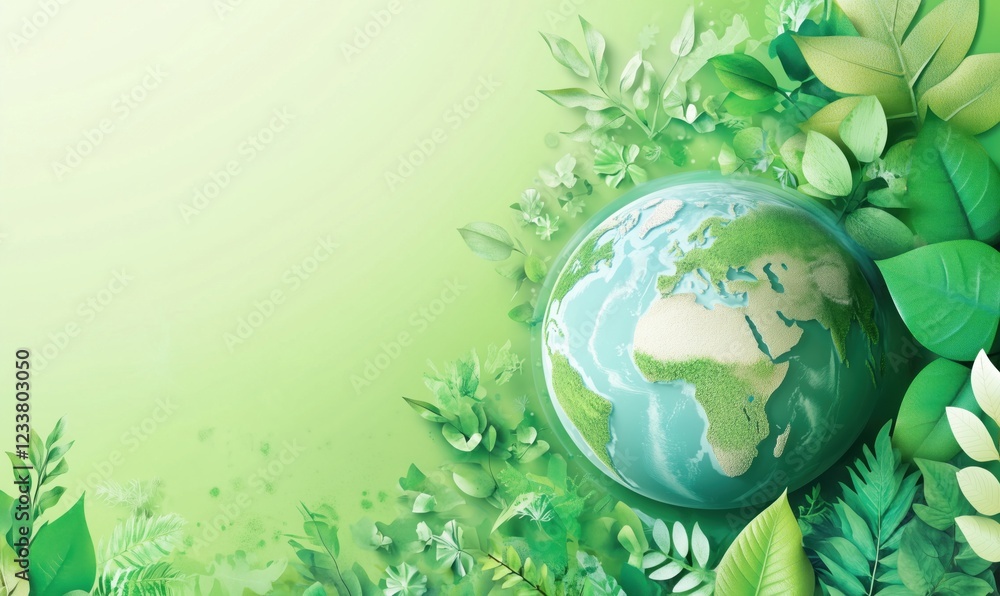 Green Earth surrounded by lush foliage and vibrant leaves, symbolizing nature, sustainability, and environmental awareness Green Earth surrounded by lush foliage and vibrant leaves, symbolizing nature, sustainability, and environmental awareness