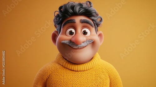 A smiling, funny Indian cartoon character, an adult man in a yellow sweater, is depicted in a 3D style design against a light background. photo