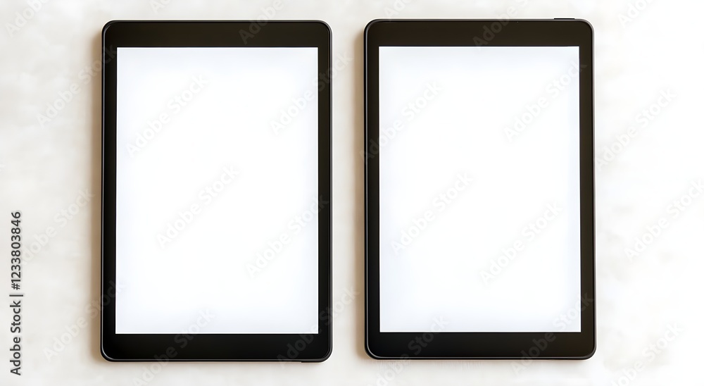 Two blank tablet screens, side by side, on a white background. No text or images, just the two blank tablets with black frames. Perfect for mockups and graphic design. Two blank tablet screens, side by side, on a white background. No text or images, just the two blank tablets with black frames. Perfect for mockups and graphic design.