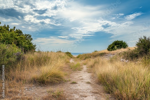 Coastal path, sandy trail, seaside vegetation, cloudy sky, summer travel