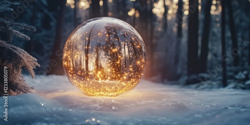 Glowing crystal orb in snowy forest, reflecting trees and warm light, enchanting winter scene photo