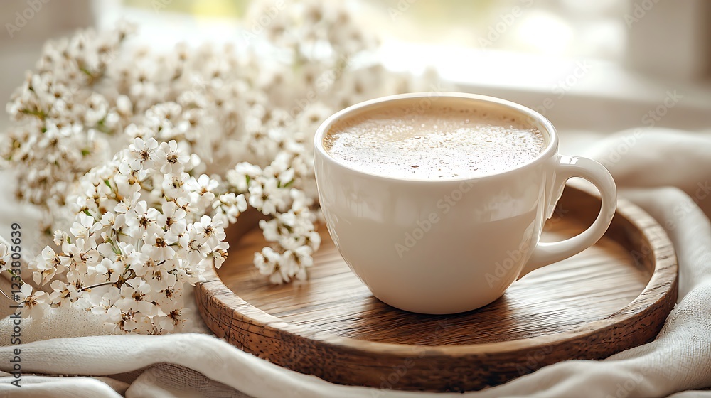 Morning coffee with spring flowers on windowsill. Possible use Desktop wallpaper, social media post, advertisement for cafe. Morning coffee with spring flowers on windowsill. Possible use Desktop wallpaper, social media post, advertisement for cafe.