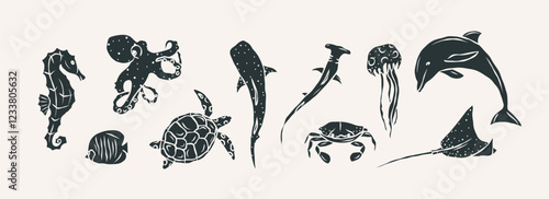 Flat vector doodle sea animals collection