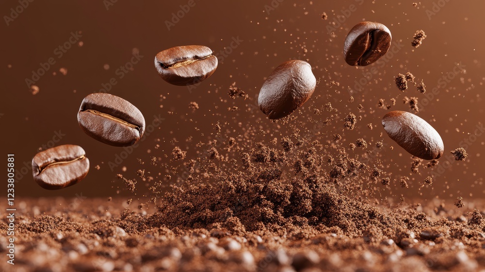 Roasted Coffee Beans Falling into Ground Coffee 3D Render Closeup Brown Background Roasted Coffee Beans Falling into Ground Coffee 3D Render Closeup Brown Background