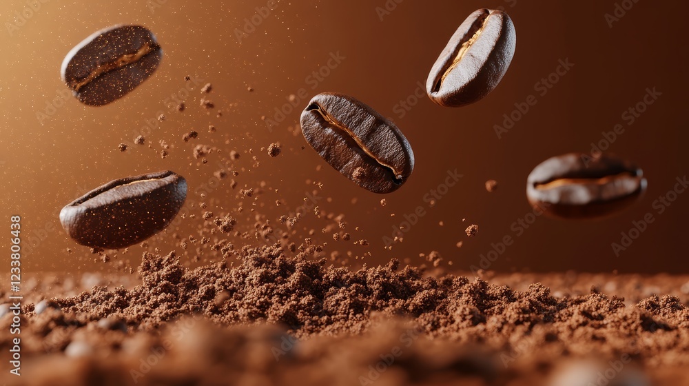 Roasted Coffee Beans Falling into Ground Coffee 3D Render High Resolution Image Roasted Coffee Beans Falling into Ground Coffee 3D Render High Resolution Image