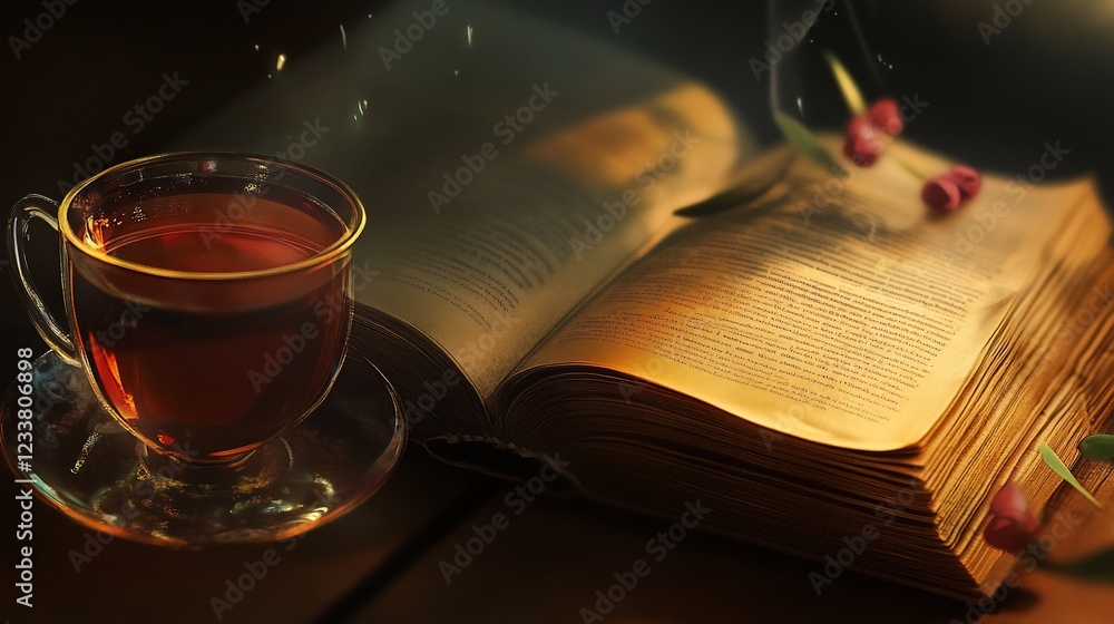 A warm cup of tea and an open book for a quiet moment of reflection and relaxation A warm cup of tea and an open book for a quiet moment of reflection and relaxation