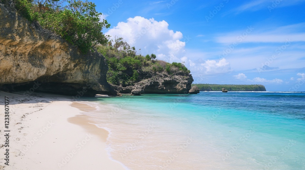 Secluded beach with turquoise water and rocky cliffs under a bright blue sky Secluded beach with turquoise water and rocky cliffs under a bright blue sky