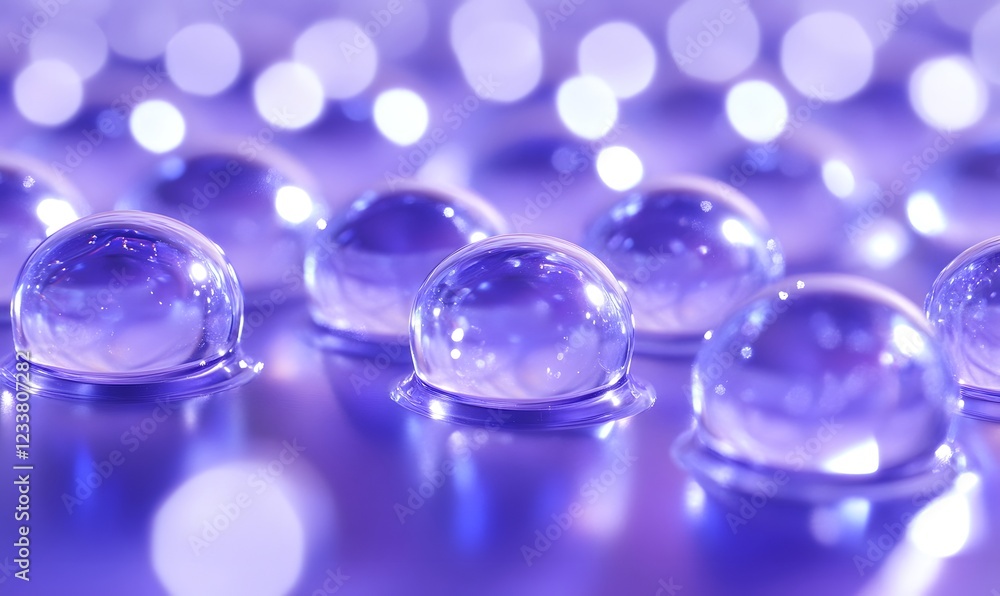Purple liquid spheres on reflective surface, bokeh background, science, beauty Purple liquid spheres on reflective surface, bokeh background, science, beauty