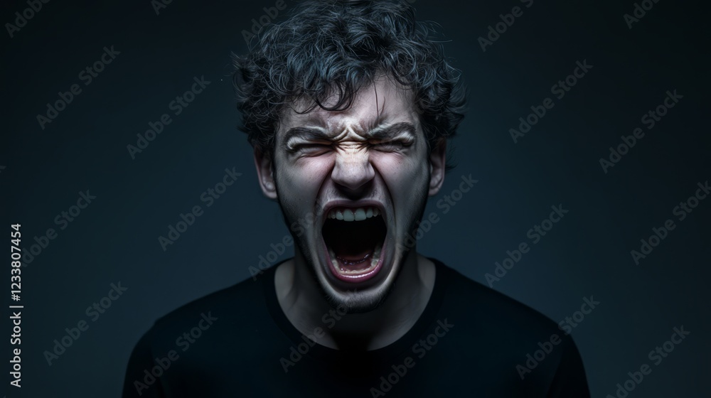 Intense Emotional Expression, A Young Man's Scream in Dim Light Intense Emotional Expression, A Young Man's Scream in Dim Light