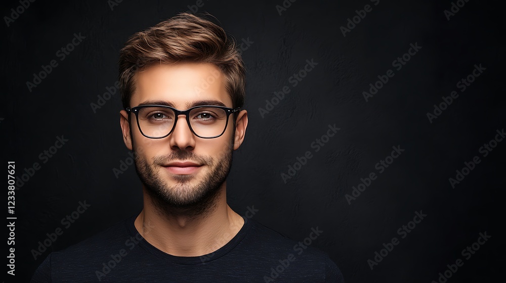 Crisp headshot of a tech professional wearing glasses positioned in front of a sleek matte black background Crisp headshot of a tech professional wearing glasses positioned in front of a sleek matte black background