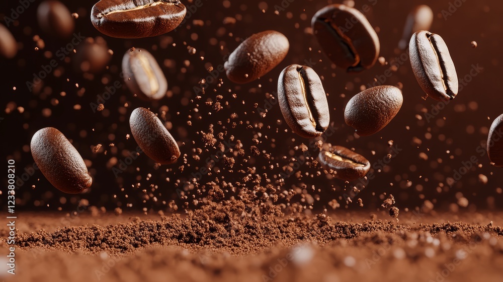 Roasted Coffee Beans Falling into Ground Coffee 3D Render Closeup Roasted Coffee Beans Falling into Ground Coffee 3D Render Closeup