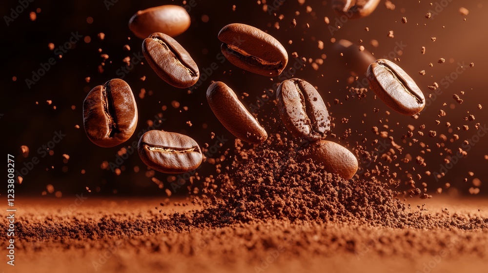 Roasted Coffee Beans Falling into Ground Coffee 3D Render Roasted Coffee Beans Falling into Ground Coffee 3D Render