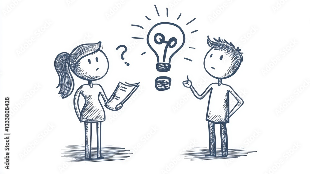 A stick figure illustration featuring a man and woman engaged in questioning and reasoning, symbolizing creative insight and problem-solving. A stick figure illustration featuring a man and woman engaged in questioning and reasoning, symbolizing creative insight and problem-solving.
