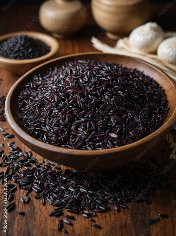 Black rice served in an ethnic bowl, showcasing its rich, dark hue and cultural significance. A symbol of health and tradition, this ancient grain embodies the essence of heritage excellence. Black rice served in an ethnic bowl, showcasing its rich, dark hue and cultural significance. A symbol of health and tradition, this ancient grain embodies the essence of heritage excellence.