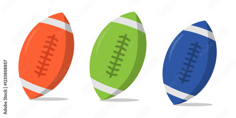 rugby ball icon set for various sports games, realistic vector illustration set. Exercising inventory for sportsmen flat objects rugby ball icon set for various sports games, realistic vector illustration set. Exercising inventory for sportsmen flat objects