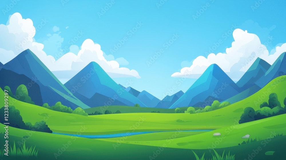 Obraz premium Serene Landscape Featuring Rolling Green Hills and Blue Mountains