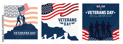 Veterans Day tribute illustrations featuring flags and soldier silhouettes.