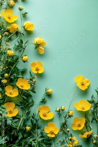 Bright yellow buttercup flowers on a light green background creating a fresh spring floral scene