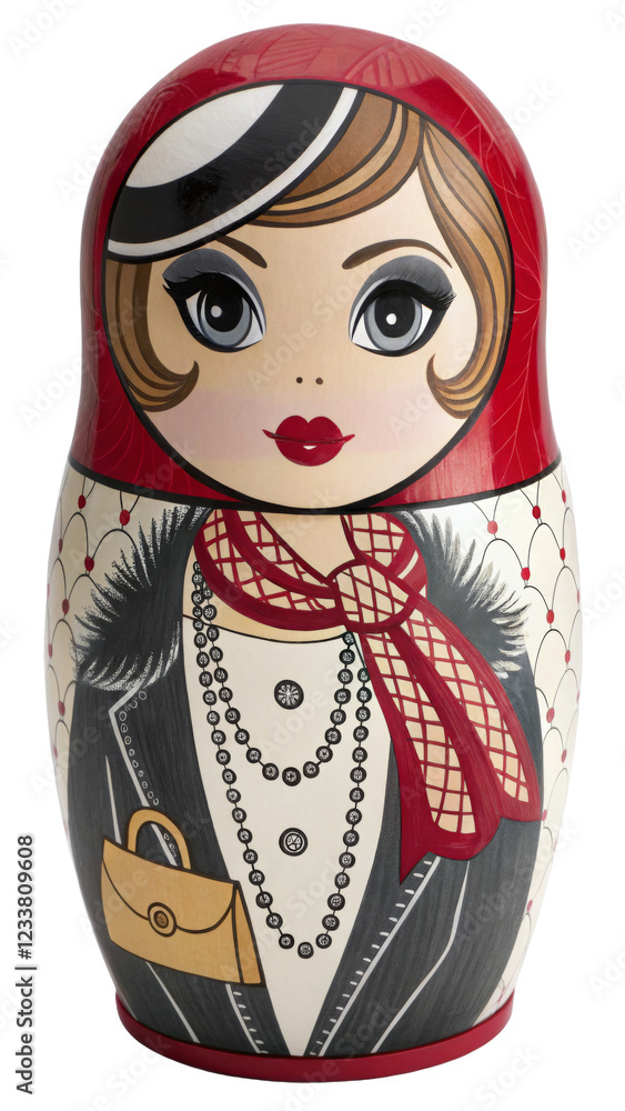Stylish Matryoshka Doll With Modern Fashion Details, Red Scarf, And Elegant Dress, Isolated On White Background. Ideal For Souvenir Shops, Home Decor, Holiday Gifts, And Cultural Promotions. Stylish Matryoshka Doll With Modern Fashion Details, Red Scarf, And Elegant Dress, Isolated On White Background. Ideal For Souvenir Shops, Home Decor, Holiday Gifts, And Cultural Promotions.