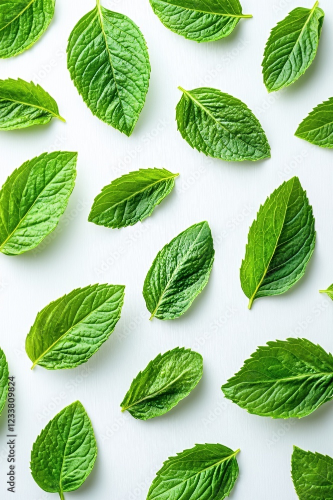 Fresh mint leaves arranged in a pattern on a clean white surface for a natural background Fresh mint leaves arranged in a pattern on a clean white surface for a natural background