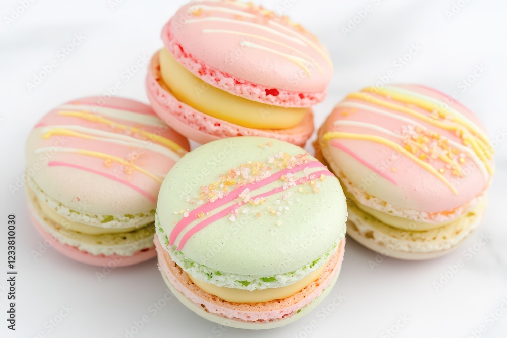 Close-up of macarons in shades of pink, green, and yellow, showcasing their delicate texture and layers. Close-up of macarons in shades of pink, green, and yellow, showcasing their delicate texture and layers.