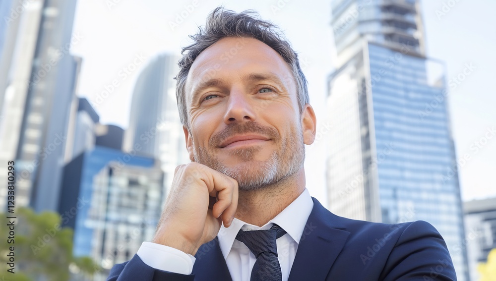 Confident businessman, city backdrop, thoughtful, success Confident businessman, city backdrop, thoughtful, success