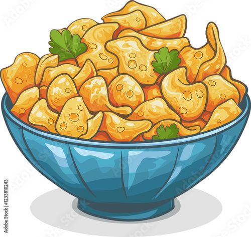 Cartoon vector illustration of a bowl filled with golden chicharon pieces and garnished with fresh green parsley. Isolated on a white background. Perfect for web design, restaurant menus
