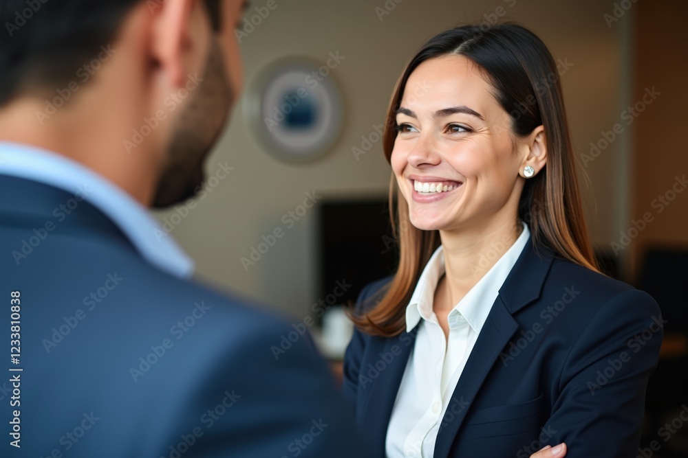 Engaging Business Conversation Between Professional Colleagues in a Modern Office Setting with Warm Smiles and Confident Body Language