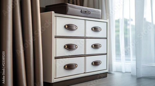 This exquisite plastic storage cabinet, drawers in white and brown are designed for efficiency, suitable for open wardrobes. The leather handles add a modern touch, while the small boxes