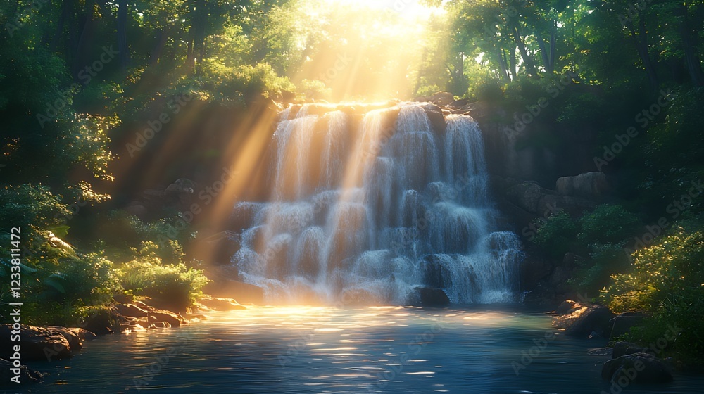 Sunlit Waterfall, Lush Forest, Tranquil Pool, Nature Scene, Serenity Sunlit Waterfall, Lush Forest, Tranquil Pool, Nature Scene, Serenity