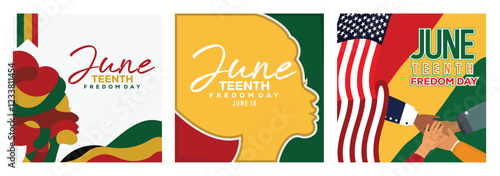 Juneteenth freedom day commemorations with American and Pan-African visual themes.
