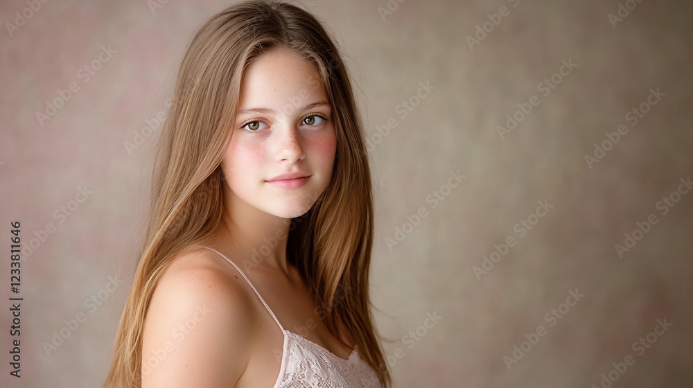 Teen girl portrait, studio backdrop, natural beauty, calm expression, website banner Teen girl portrait, studio backdrop, natural beauty, calm expression, website banner