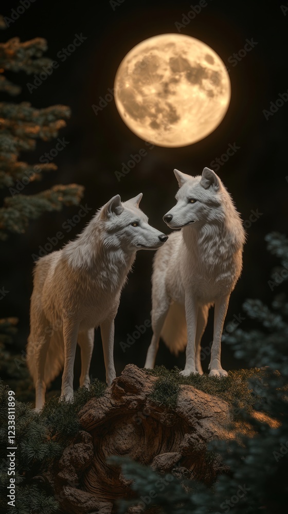two white wolf standing in front of full moon two white wolf standing in front of full moon