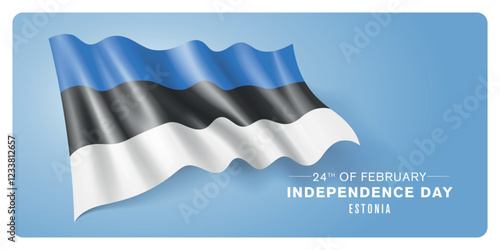 Estonia independence day vector banner, greeting card. Estonian wavy flag in 24th of February patriotic holiday horizontal design with realistic flag