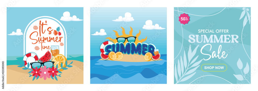 Naklejka premium Colorful summer-themed designs featuring seasonal text, graphics, and offers.