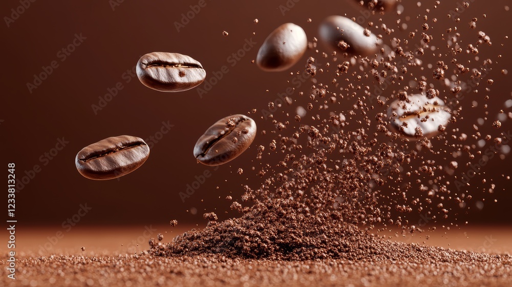 Roasted Coffee Beans Falling into Ground Coffee 3D Render High Resolution Image Roasted Coffee Beans Falling into Ground Coffee 3D Render High Resolution Image