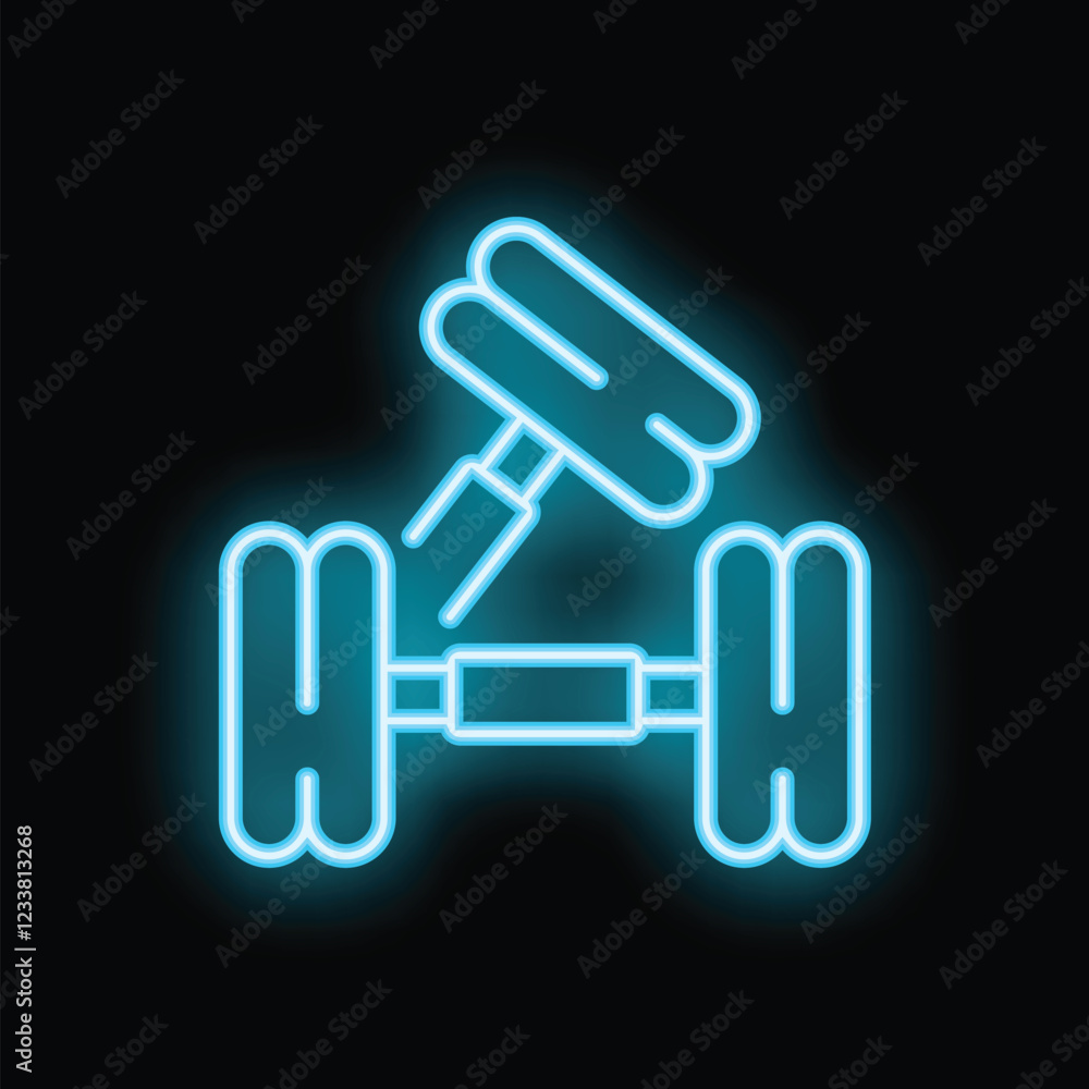 Neon sign of a dumbbell and a barbell glowing blue, representing fitness and weightlifting Neon sign of a dumbbell and a barbell glowing blue, representing fitness and weightlifting
