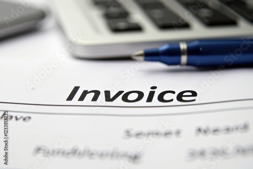 Close-up of an Invoice Document with a Calculator and Pen on a Desk, Highlighting Financial Transactions and Accounting Practices for Business Management photo