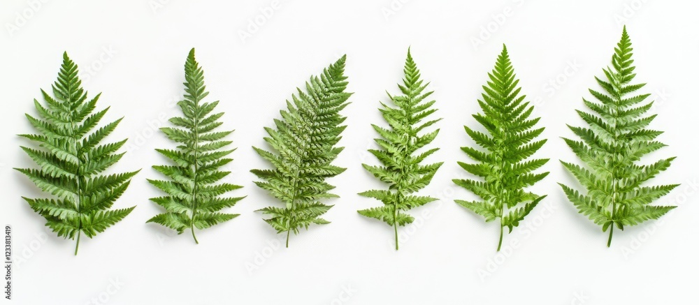 Obraz premium Various green fern leaves arranged in a row on white background with Copy Space for text placement.
