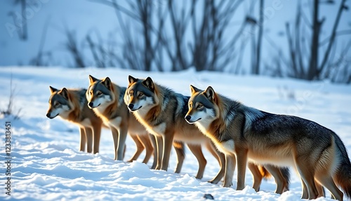 Majestic Wolf Pack in Winter Wonderland: A Serene Wildlife Scene photo