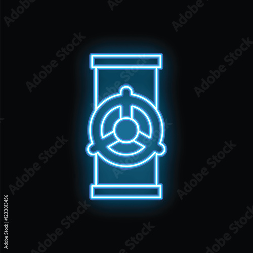 Blue neon icon of an industrial valve regulating the flow in a pipeline, an essential element for controlling liquids or gases in various industries