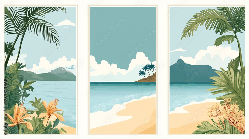 Obraz premium Summer concept background, beach background with sea,sand,sky. illustration vector
