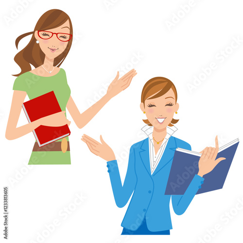 女性が書籍を持って説明をしているイラスト