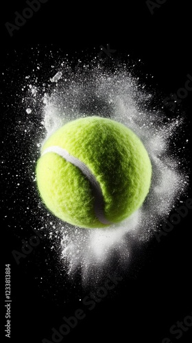 Dynamic explosion of a yellow tennis ball in motion on black background photo