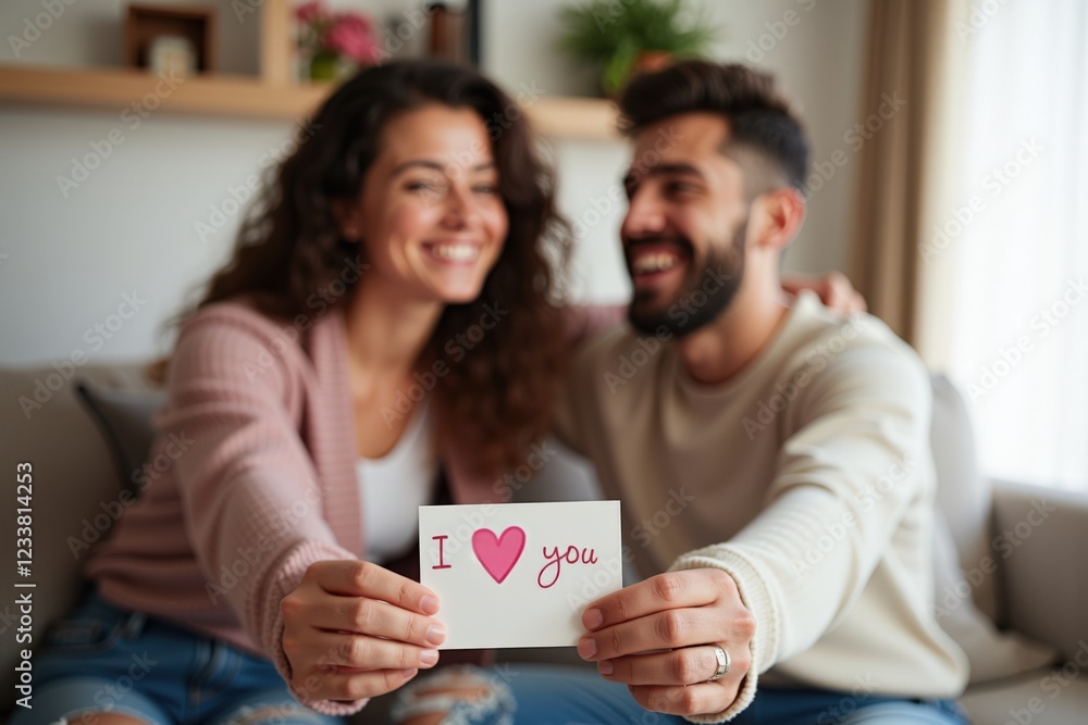 A Joyful Couple Sharing a Heartfelt Moment with an 'I Love You' Card in a Cozy Living Room Setting, Embracing Love and Connection A Joyful Couple Sharing a Heartfelt Moment with an 'I Love You' Card in a Cozy Living Room Setting, Embracing Love and Connection