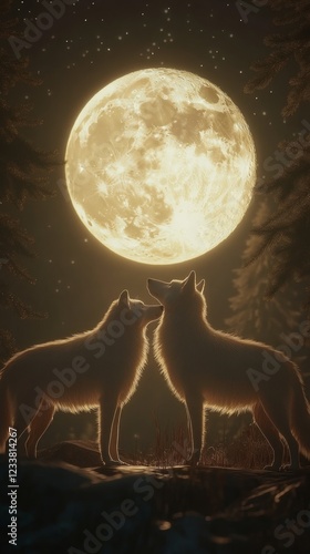 two white wolf standing in front of full moon